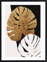 Tableau G&W Monstera, feuille de monstera dorée sur fond clair, encadré sous verre