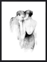 Tableau line art Together, deux silhouettes reliées d'un trait continu, encadré sous verre