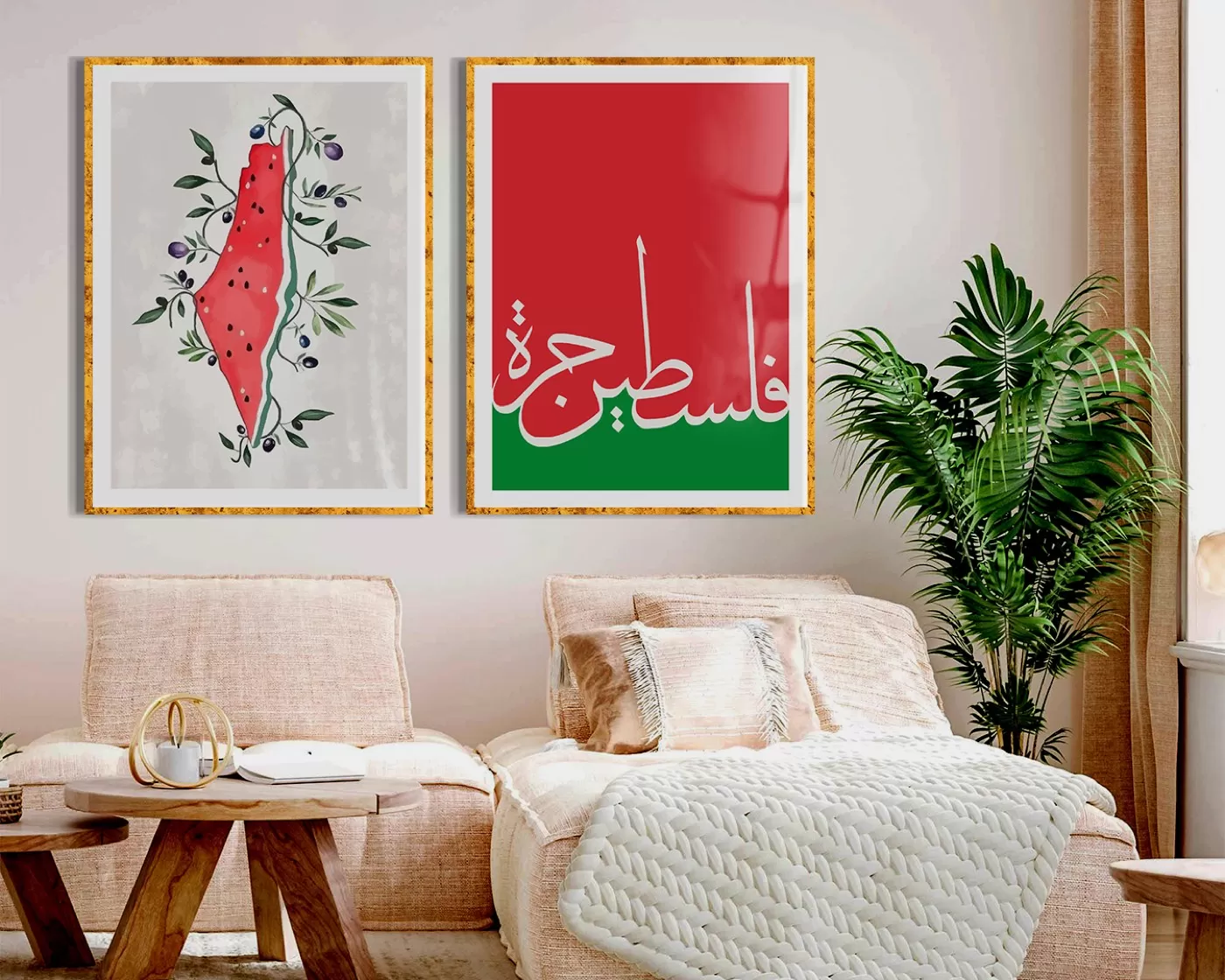 Accueil — Tableau décoratif en Tunisie | DesignTab Composition murale de 2 tableaux décoratifs assortis, cadre doré coordonné, accrochés en mur galerie