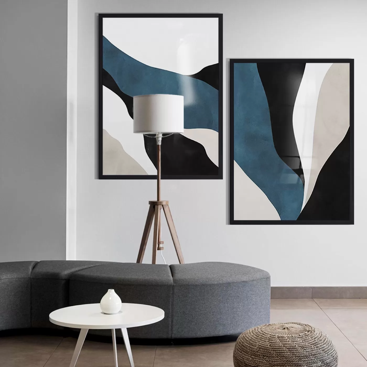 Accueil — Tableau décoratif en Tunisie | DesignTab Composition murale de 2 tableaux décoratifs assortis, cadre noir coordonné, accrochés en mur galerie